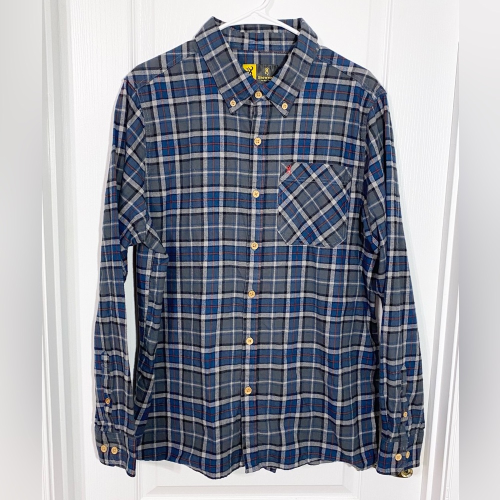 Browning Plaid Flannel Wooden Button Shirt Blue Men's Large